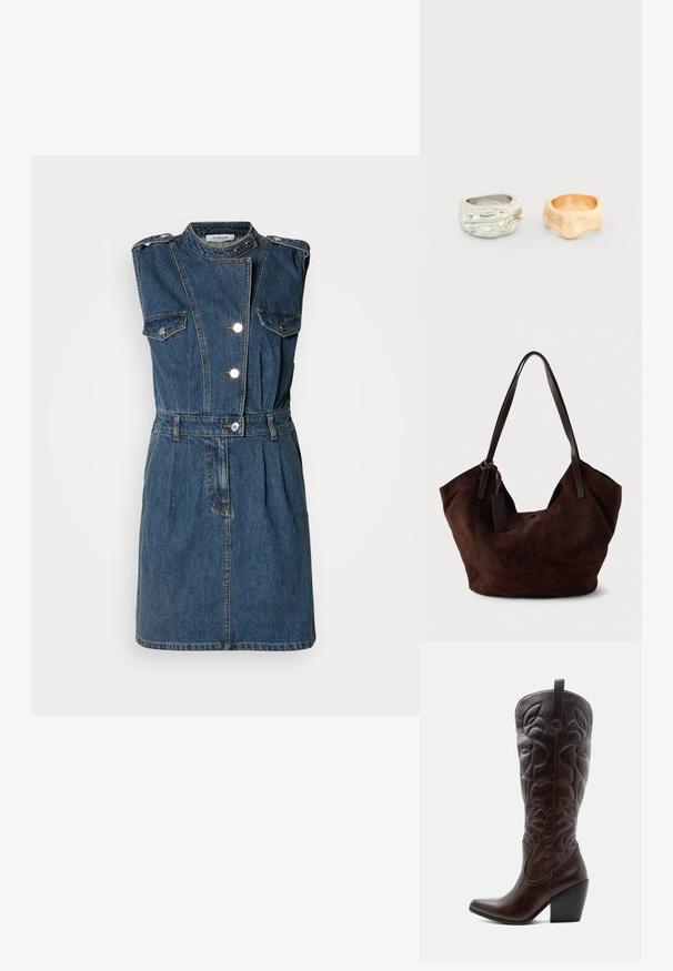 Robe en denim sans manches de couleur bleu foncé avec un col haut, des boutons argentés, deux poches poitrine, une taille ceinturée et une jupe plissée.; Botte de cowboy haute en cuir marron foncé avec motifs décoratifs cousus, bout pointu et talon bloc empilé.; Handbag en cuir suédé marron avec une forme douce et souple. Doté de poignées en cuir et d'une étiquette décorative. Texture plain avec des coutures courbes.; Deux bagues de forme irrégulière côte à côte, l'une en argent avec des détails texturés, l'autre lisse et en or mat.