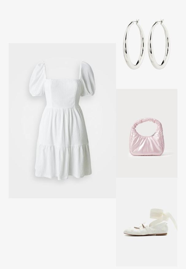 Vestido blanco con escote cuadrado, mangas abullonadas y tela texturizada. Presenta una falda de capas que termina por encima de la rodilla. Sin patrones visibles.; Bailarina blanca con flores bordadas, doble tira sobre el pie y lazos largos de cinta en el tobillo sobre un fondo liso.; Bolso de mano acolchado en color rosa con un diseño redondeado, fabricado en material brillante. Presenta un asa fruncida y un cierre de cremallera para un acceso seguro.; Pendientes de aro de plata con una superficie lisa y reflectante. Forma redonda y grande con un cierre seguro en la parte superior. El acabado pulido resalta el brillo.