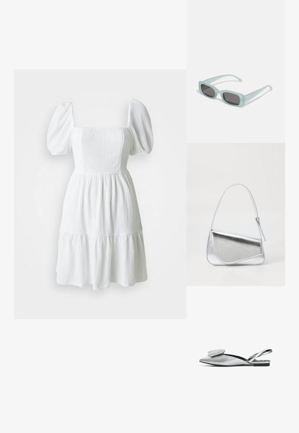Vestido blanco con escote cuadrado, mangas abullonadas y tela texturizada. Presenta una falda de capas que termina por encima de la rodilla. Sin patrones visibles.; Zapato plano de tirantes plateado con punta afilada, acento de lazo texturizado, parte superior de cuero suave y suela baja negra.; Un par de gafas de sol rectangulares con montura translucida azul clara y lentes gris oscuro, que cuentan con patillas rectas y detalles de hardware mínimos.; Bolso de mano metálico plateado con forma triangular, textura suave y una fina correa de hombro ajustable. Presenta un diseño plegable con costuras.