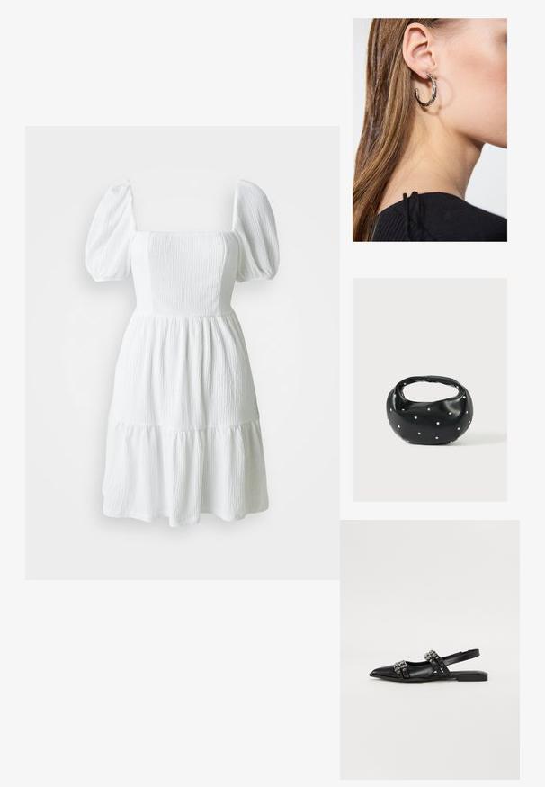 Biele šaty so štvorcovým výstrihom, puff rukávmi a textúrovanou tkaninou. Majú vrstvenú sukňu končiacu nad kolenami. Žiadne viditeľné vzory.; Even&Odd by Zalando Balerínky na šnúrky - black; Čierna kožená kabelka s zaobleným tvarom, zdobená striebornými cvočkami a krátkym rúčkou. Hladká textúra a zapínanie na zips.; Strieborná kruhová náušnica s lesklým povrchom, obsahujúca malé zlaté akcenty a okrúhly tvar, nosená na lalôčiku ucha.
