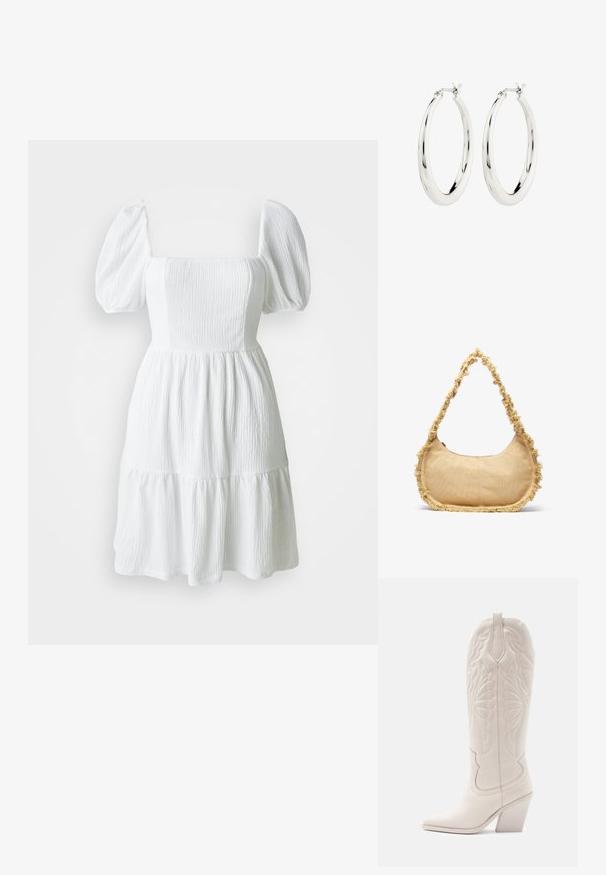 Vestido blanco con escote cuadrado, mangas abullonadas y tela texturizada. Presenta una falda de capas que termina por encima de la rodilla. Sin patrones visibles.; Bota vaquera de cuero blanco con punta afilada y tacón bloqueado. Presenta patrones de costura intrincados en el caña y una textura suave.; Bolso beige texturizado con forma redondeada, con un borde deshilachado a lo largo de los lados y una correa corta para llevar. Apertura con cremallera en la parte superior.; Pendientes de aro de plata con un acabado suave y brillante. Forma circular, con un cierre seguro. Diseño sencillo y elegante.