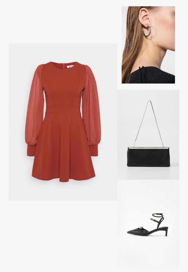 Rotes Kleid mit kurzen puffartigen durchsichtigen Ärmeln, tailliertem Oberteil, weit schwingendem Rock und einem Reißverschluss im Rücken. Hergestellt aus strukturiertem Stoff mit glatter Oberfläche.; Schwarze Leder-Slingback-Pumps mit spitzem Zehenbereich, dünnen Knöchelriemen, goldfarbenen Hardware-Akzenten und einem schmalen Absatz. Glatte Textur und minimalistisches Design.; Schwarze Leder-Clutch mit einem silbernen Metallkette-Griff und einer eleganten rechteckigen Form. Mattes Finish und minimalistisches Design mit einem metallischen Akzent.; Silberne Creolen mit polierter Oberfläche, die kleine goldene Akzentdetails und eine runde Form aufweisen, am Ohrläppchen getragen.