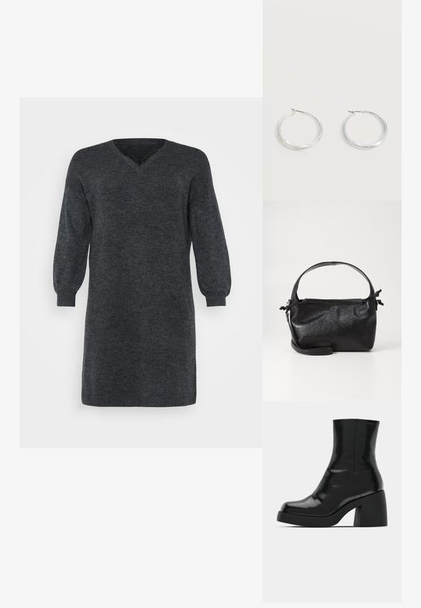 Mørkegrå strikket sweaterkjole med V-hals og lange pufærmer, afsluttet med ribbede manchetter og kant. Teksturdetalje i stoffet.; Sorte ankelstøvler med en blank finish, firkantet tå og en tyk blokhæl. Designet har en strømlinet silhuet og minimal branding.; Sort læderhåndtaske med et struktureret design, rund tophåndtag og aftagelig skulderrem. Den har en glat tekstur og en subtil glans.; Sølvfarvede metaloorringe med glat, let buet overflade og låsemekanisme på en ensfarvet hvid baggrund.