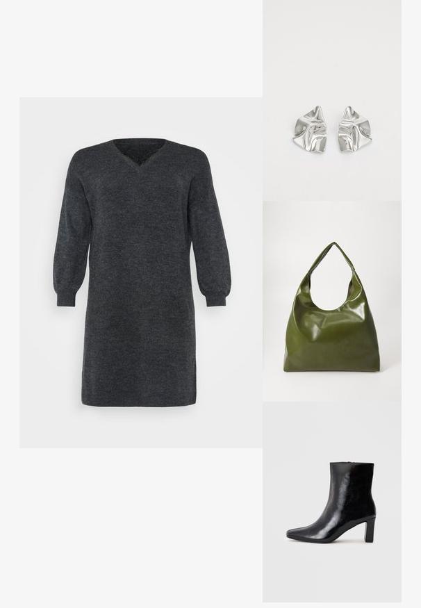 Dunkelgraues gestricktes Kleid mit V-Ausschnitt und langen Puffärmeln, versehen mit gerippten Bündchen und Saum. Strukturiertes Stoffdetail.; Schwarze Knöchelstiefel aus glänzendem Leder mit spitzem Zustand und mittelhohem Blockabsatz, mit glatter Textur und einfachem Design.; Grüne Leder-Hobo-Tasche mit einem lässigen Design, gebogenem Griff und glatter Textur. Enthält keine sichtbaren Beschläge oder Akzente.; Silberne Metallohrringe mit einem wellenförmigen, skulpturalen Design, das eine polierte Oberfläche und unregelmäßige Formen aufweist, die eine zeitgenössische Ästhetik betonen.