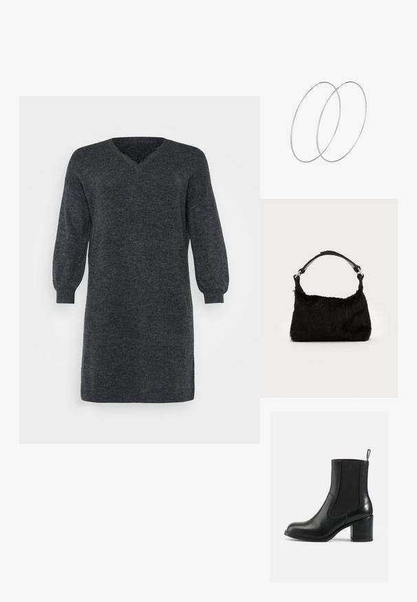 Mørkegrå strikket sweaterkjole med V-hals og lange pufærmer, afsluttet med ribbede manchetter og kant. Teksturdetalje i stoffet.; Sort læder ankelstøvle med elastiske sidepaneler, rund tå og blokhæl. Glat tekstur med minimale syninger.; Sort faux fur håndtaske med en blød tekstur, rund form og en robust skulderrem i sort læder. Synlige sølvhardware-detaljer.; Sølvøreringe med et minimalistisk design. Cirkulær form, glat tekstur og tynd profil. Letvægtige med en poleret overflade.