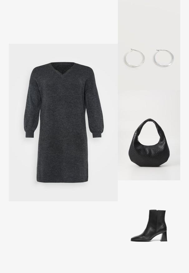 Dunkelgraues gestricktes Kleid mit V-Ausschnitt und langen Puffärmeln, versehen mit gerippten Bündchen und Saum. Strukturiertes Stoffdetail.; Schwarzer Leder-Stiefelette mit spitzem Fuß, mittelhohem geometrischem Absatz und glatter Textur. Schlichtes Design ohne sichtbare Beschläge oder Akzente.; Schwarze gewebte Handtasche mit einem gebogenen Griff, die eine strukturierte Oberfläche und eine lässige Form hat. Glatte Oberfläche mit einer organischen Silhouette.; Silberne Metallcreolen mit glatter, leicht gebogener Oberfläche und Klappverschluss vor schlicht weißem Hintergrund.