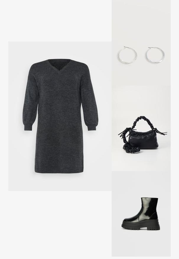 Dunkelgraues gestricktes Kleid mit V-Ausschnitt und langen Puffärmeln, versehen mit gerippten Bündchen und Saum. Strukturiertes Stoffdetail.; Schwarze, glänzende Knöchelstiefel mit dickem Profilsohle und abgerundeter Zehenform, Seitenansicht vor einem schlichten, hellgrauen Hintergrund.; Schwarze Handtasche aus Kunstleder mit Krokodilstruktur, gerafftem oberen Teil und einem geschoppten Tragegurt. Sie wirkt weich und kompakt im Design.; Silberne Metallcreolen mit glatter, leicht gebogener Oberfläche und Klappverschluss vor schlicht weißem Hintergrund.