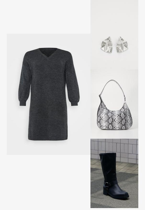 Mørkegrå strikket sweaterkjole med V-hals og lange pufærmer, afsluttet med ribbede manchetter og kant. Teksturdetalje i stoffet.; Sort læderstøvle midt på læggen med lav blokhæle og en dekorativ rem med metal spænde rundt om anklen, på en flisebelagt fortov.; Sort-hvid slangemønster skuldertaske med en rund form, glat tekstur og en buet rem. Har et sølvfarvet hardware-accents.; Sølvmetal øreringe med et bølgende, skulpturelt design, der har en poleret overflade og uregelmæssige former, hvilket fremhæver en moderne æstetik.
