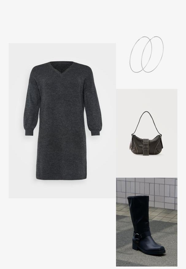 Dunkelgraues gestricktes Kleid mit V-Ausschnitt und langen Puffärmeln, versehen mit gerippten Bündchen und Saum. Strukturiertes Stoffdetail.; Schwarzer Lederstiefel bis zur Mitte der Wade mit niedrigem Blockabsatz und dekorativem Riemen mit Metallschnalle um den Knöchel, auf einem gefliesten Gehweg.; Schwarze Leder-Schultertasche mit Schnallengurt-Detail, abgerundeten Kanten und kontrastierenden weißen Nähten auf schlichtem Hintergrund.; Silberne Creolen mit minimalistischem Design. Rundform, glatte Oberfläche und dünnes Profil. Leichtgewichtig mit hochglänzender Oberfläche.
