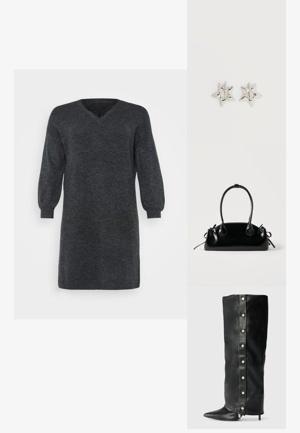 Dunkelgraues gestricktes Kleid mit V-Ausschnitt und langen Puffärmeln, versehen mit gerippten Bündchen und Saum. Strukturiertes Stoffdetail.; Schwarze Lederstiefel mit hohen Absätzen, die ein tailliertes Design, eine spitze Zehe und silberne Druckknopfakzente entlang der Seite aufweisen.; Kleine schwarze glänzende Handtasche mit zwei langen Griffen und seitlichen Kordelzug-Details vor einfachem hellem Hintergrund.; Silberne, sternförmige Creolen mit einer glatten, polierten Oberfläche auf weißem, schlichtem Hintergrund.