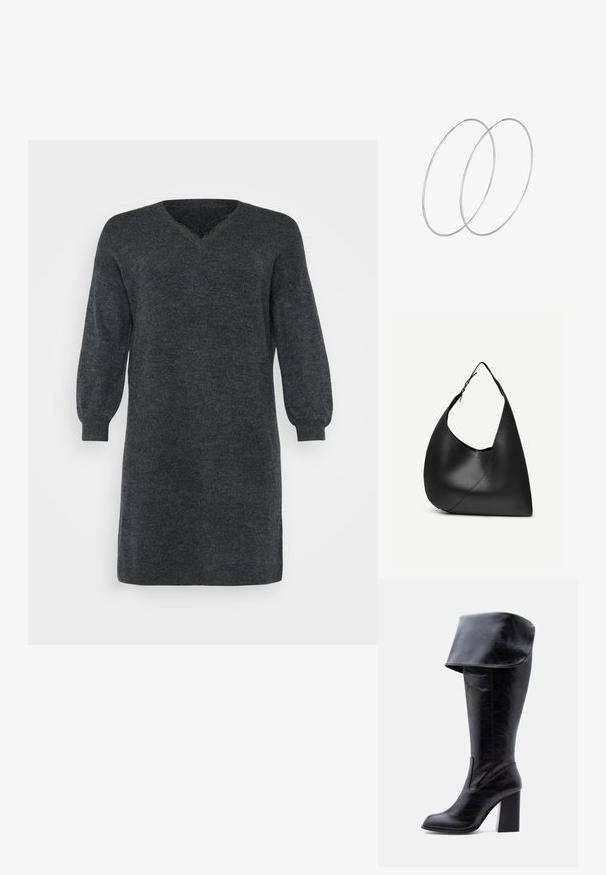 Mørkegrå strikket sweaterkjole med V-hals og lange pufærmer, afsluttet med ribbede manchetter og kant. Teksturdetalje i stoffet.; Høj sort læderstøvle med hæl, foldet kant og rund tå, stående oprejst på en hvid baggrund.; Sort læder skuldertaske med buet trekantet form, enkelt justerbart rem og synlig diagonal søm foran.; Sølvøreringe med et minimalistisk design. Cirkulær form, glat tekstur og tynd profil. Letvægtige med en poleret overflade.