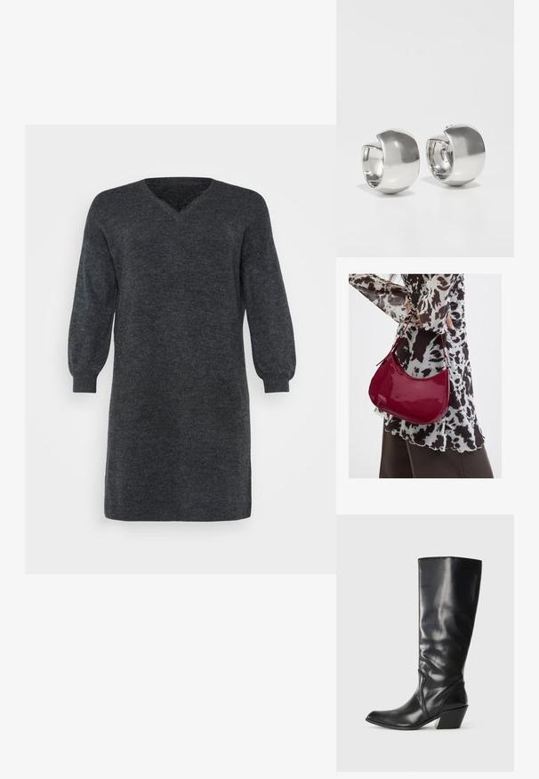Mørkegrå strikket sweaterkjole med V-hals og lange pufærmer, afsluttet med ribbede manchetter og kant. Teksturdetalje i stoffet.; Sorte læder knæhøje støvler med spids tå, vinklet hæl og glat tekstur. Funktioner en subtil syning langs siden.; Kvinde iført en sort- og hvidmønstret bluse, der holder en blank rød skuldertaske mod en ensfarvet baggrund.; Uncommon Matters SCULPTURAL LARGE CREOLE - Øreringe - silver-coloured