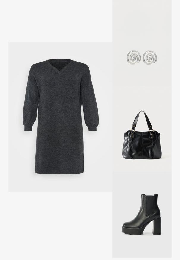 Dunkelgraues gestricktes Kleid mit V-Ausschnitt und langen Puffärmeln, versehen mit gerippten Bündchen und Saum. Strukturiertes Stoffdetail.; Schwarze Leder-Stiefelette mit klobigem Blockabsatz, elastischen Seitenpaneelen und glatter Oberfläche. Verfügt über eine Plateausohle für zusätzlichen Schwung.; Schwarze Leder-Schultertasche mit doppelten Trägern, befestigt durch goldene Ringe und Nieten, glatte und leicht glänzende Oberfläche, schlichtes Design.; Paar silberne Spiral-Creolen mit glattem, rundem Design auf einfachem weißem Hintergrund.