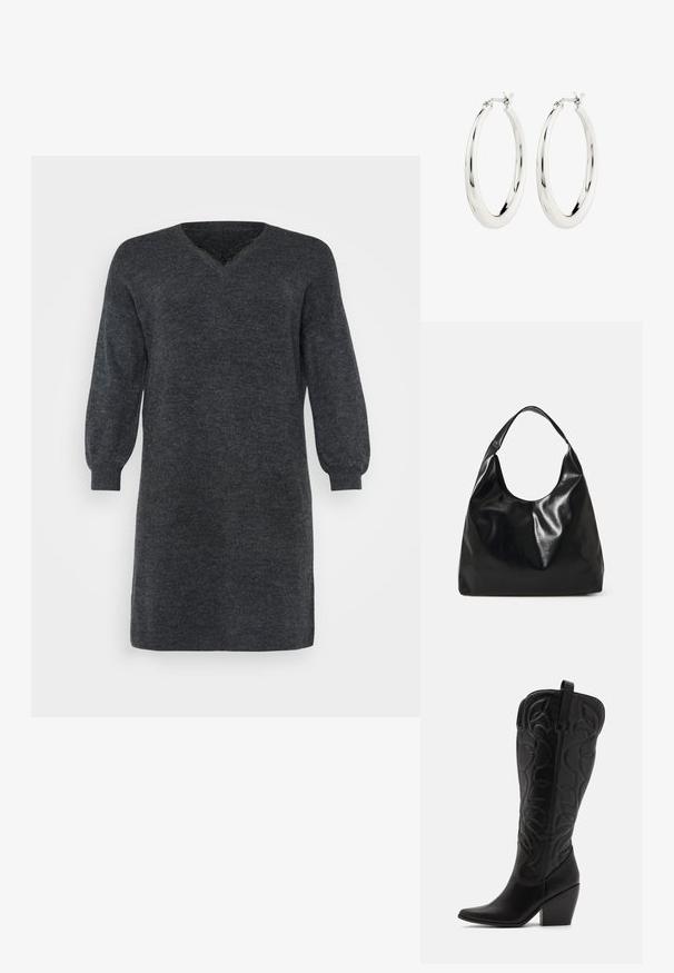 Dunkelgraues gestricktes Kleid mit V-Ausschnitt und langen Puffärmeln, versehen mit gerippten Bündchen und Saum. Strukturiertes Stoffdetail.; Schwarze kniehohe Stiefel aus Leder mit spitz zulaufender Zehenpartie und gestapeltem Absatz. Verfügt über dekorative Nähte und geschwungene Designelemente.; Schwarze Leder-Hobo-Tasche mit einer weichen, glänzenden Textur und einem runden, offenen Oberteil. Verfügt über einen breiten, gebogenen Tragegurt. Keine sichtbaren Beschläge.; Silberne Creolen mit einer glatten, glänzenden Oberfläche. Kreisform, ausgestattet mit einem sicheren Verschluss. Einfaches und elegantes Design.