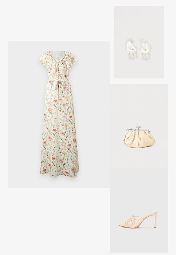 Robe longue crème à fleurs avec manches courtes, encolure à volants et ceinture nouée à la taille, avec des fleurs roses, orange et jaunes et des feuilles vertes.; Mules à talons hauts beiges avec un design à lanières. Présentent un bout carré, une texture lisse et un talon élancé avec un accent doré à la base.; Pochette en cuir beige plissé avec un cadre en métal argenté, dotée de deux fermoirs ronds décoratifs et d'une chaîne en argent.; Boucles d'oreilles en résine transparente en forme de coquillage avec de petits accents dorés et trois breloques translucides en forme de goutte pendantes sur chaque boucle d'oreille.
