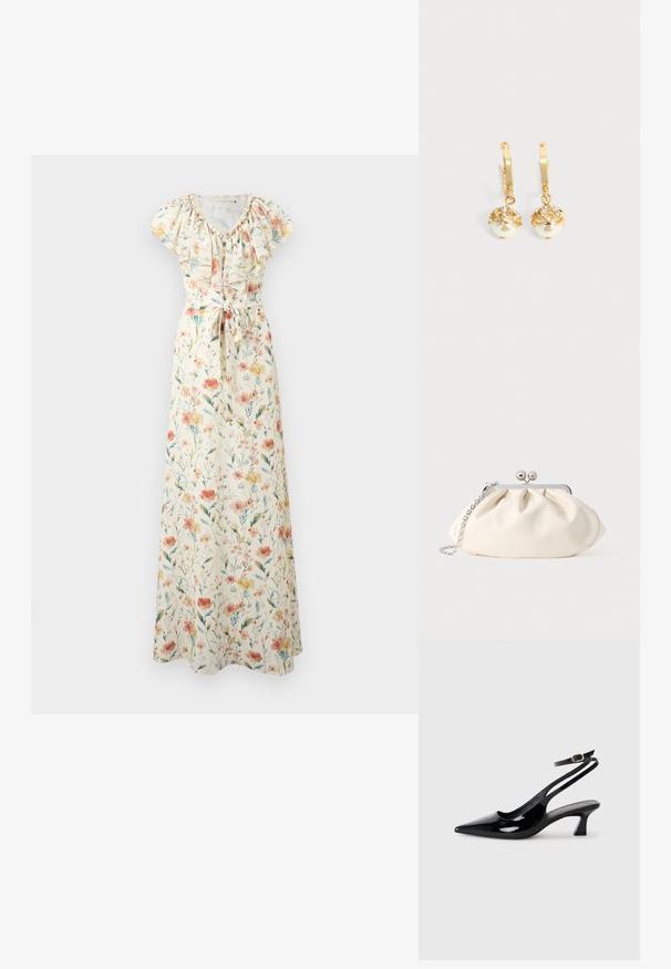 Robe longue crème à fleurs avec manches courtes, encolure à volants et ceinture nouée à la taille, avec des fleurs roses, orange et jaunes et des feuilles vertes.; Escarpins à brides arrière en cuir verni noir, à bout pointu, avec un petit talon carré et une sangle de cheville ajustable dotée d'une boucle dorée.; Pochette en tissu crème avec un design froncé, cadre en métal argenté, deux boules décoratives, et une bandoulière chaîne argentée.; Boucles d'oreilles créoles en or avec des perles blanches pendantes serties d'or et de petits cristaux clairs sur un fond clair uni.