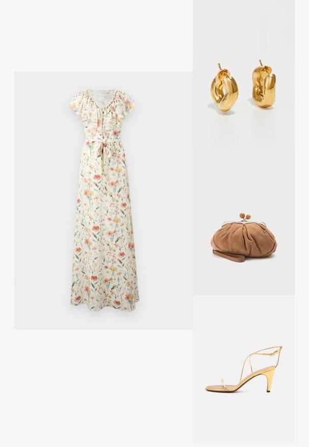 Robe longue crème à fleurs avec manches courtes, encolure à volants et ceinture nouée à la taille, avec des fleurs roses, orange et jaunes et des feuilles vertes.; Sandale à talons hauts dorée avec fines lanières et une fine boucle à la cheville sur un fond gris clair.; Petit sac pochette en daim marron doux avec tissu froncé, fermoir métallique, accents de perles en bois et bracelet pour poignet sur fond blanc.; Boucles d'oreilles créoles en or massif avec un design tubulaire légèrement tordu et des fermoirs à tige sur un fond blanc.