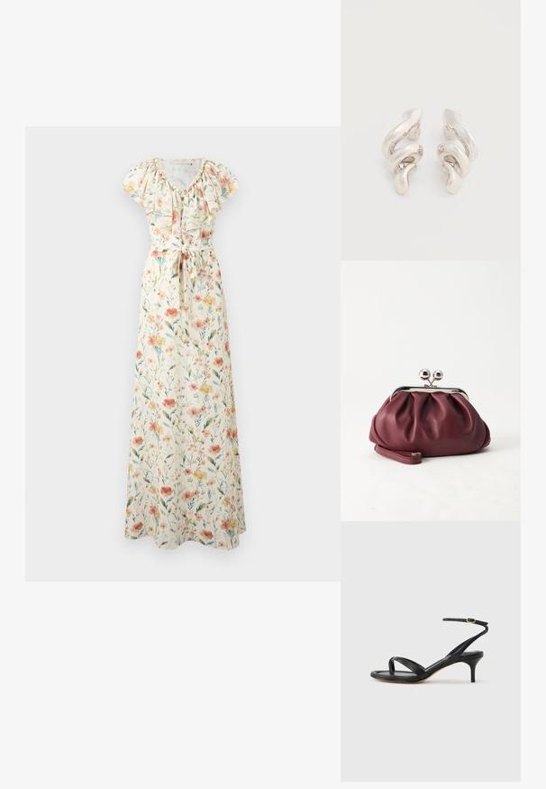 Robe longue crème à fleurs avec manches courtes, encolure à volants et ceinture nouée à la taille, avec des fleurs roses, orange et jaunes et des feuilles vertes.; Sandale pour femme en cuir noir avec fines lanières, une boucle d'orteil, une boucle à la cheville et un talon aiguille de hauteur moyenne sur un fond neutre.; Petit sac pochette en cuir bordeaux avec fermoir métallique argenté et bracelet sur fond blanc.; Boucles d'oreilles clips en métal argenté torsadé avec une finition lisse et brillante, présentant un design moderne et abstrait en spirale.