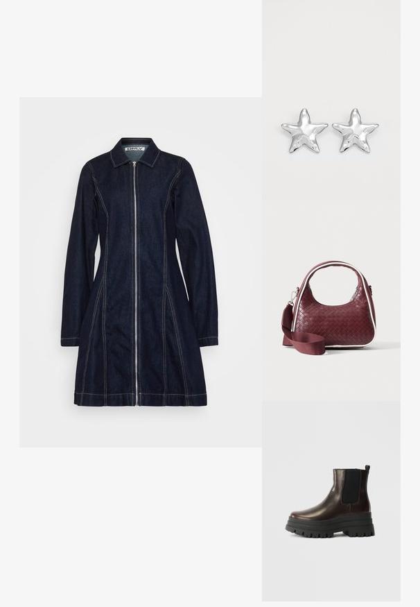 Donkerdenim jurk met een rits aan de voorkant, puntige kraag, lange mouwen en zichtbare lichte stiksels langs de naden, met een uitlopende silhouet.; Leren enkellaars in bruin met elastische zijpanelen, stevige zwarte plateauzool en trekhaak. Beschikt over een gladde afwerking en een robuuste profiel.; Donkerrode geweven leren handtas met gebogen handvat, witte bies, zilveren rits en afneembare brede stoffen schouderriem tegen een effen achtergrond.; Zilveren stervormige oorbellen met een gepolijste, glanzende afwerking. Elke oorbel heeft vijf punten en subtiele textuurdetails op het oppervlak.