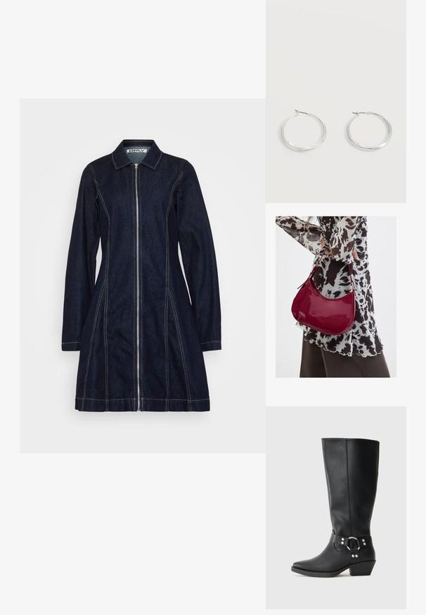 Donkerdenim jurk met een rits aan de voorkant, puntige kraag, lange mouwen en zichtbare lichte stiksels langs de naden, met een uitlopende silhouet.; Zwarte leren kniehoge laarzen met een spitse neus, voorzien van een decoratieve enkelband en zilveren hardwareaccenten. Lage, gestapelde hak.; Vrouw met een zwart-wit gebloemde blouse houdt een glanzende rode schoudertas vast tegen een effen achtergrond.; Zilverkleurige metalen creolen oorbellen met een glad, licht gebogen oppervlak en sluitingen met haaksluiting op een effen witte achtergrond.