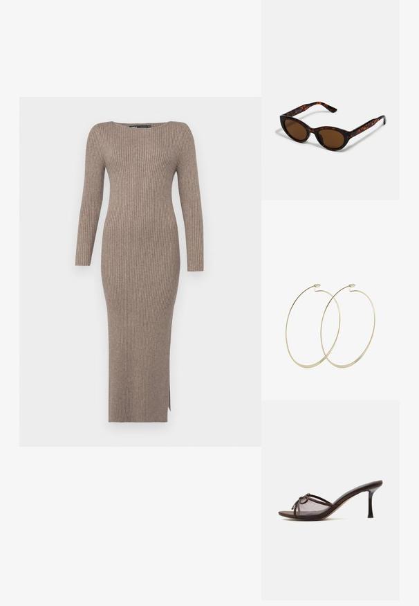 Rippstrickkleid in einem gedeckten Taupe-Ton, mit langen Ärmeln, einem Schiffkragen und einem seitlichen Schlitz für Bewegungsfreiheit.; Brauner offener Mule-Schuh mit mittelhohem Stilettoabsatz, transparentem Mesh-Obermaterial und kleinem Schleifendetail oben.; Braune Schildpatt-Sonnenbrille mit einer Vintage-Cat-Eye-Form und braunen Gläsern. Verfügt über gebogene Bügel mit roten Akzenten.; Pilgrim Ohrringe - gold-coloured