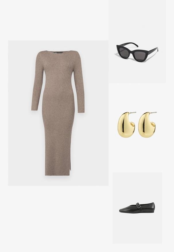 Rippstrickkleid in einem gedeckten Taupe-Ton, mit langen Ärmeln, einem Schiffkragen und einem seitlichen Schlitz für Bewegungsfreiheit.; Schwarze Lederflachschuhe mit spitzem Zehenbereich, ausgestattet mit einem metallischen Riemen über dem Spann und einer niedrigen, flexiblen Sohle.; Schwarze Cat-Eye-Sonnenbrille mit matter Oberfläche, grauen getönten Gläsern, scharfen Kanten und schlanken Bügeln. Der Markenname ist auf dem inneren Bügel sichtbar.; Goldfarbene Steckerohrringe mit einer glatten, glänzenden Oberfläche, die eine abstrahierte, tropfenförmige Form aufweisen. Einfache Metallstiftbefestigung.