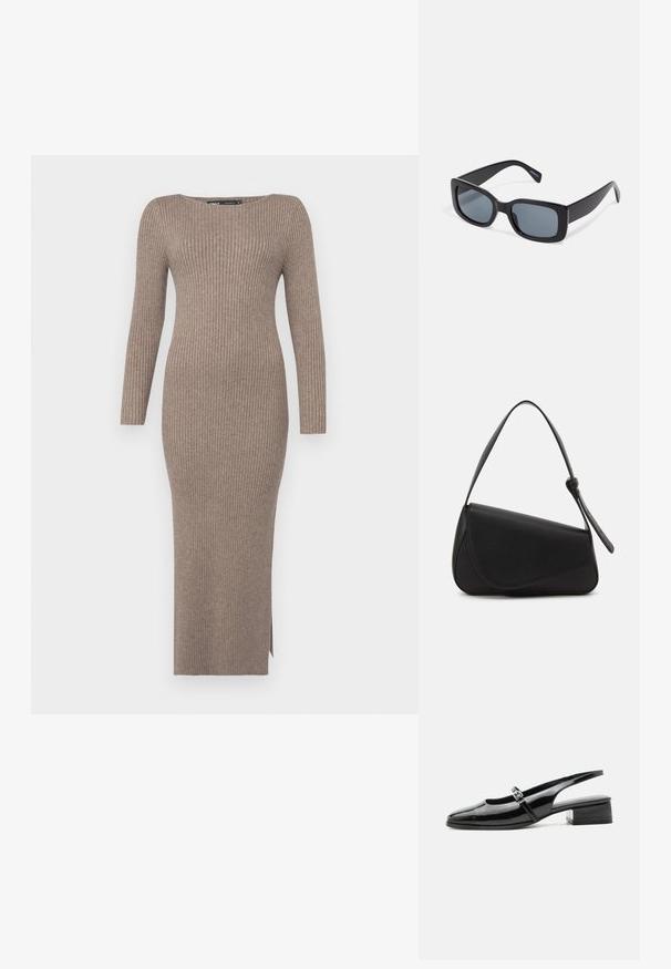 Ribbet strikkjole i en dæmpet taupe farve med lange ærmer, bådhalsudskæring og en sideslids for nem bevægelse.; Sort laklæderslingback-sko med lav blokhæl og tynd rem med sølvspænde over toppen.; Sorte rektangulære solbriller med mørkt tonede linser, tyk plastramme og brede stænger. Glat overflade og kantet design.; Sort læderhåndtaske med en triangular form, skrå klap og et rundt håndtag. Har en glat overflade og minimalistiske design detaljer.