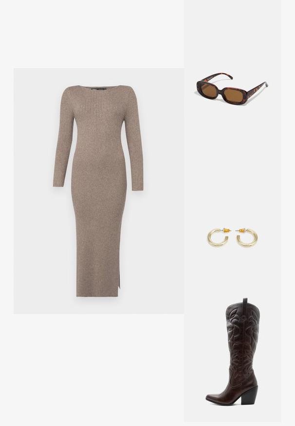 Rippstrickkleid in einem gedeckten Taupe-Ton, mit langen Ärmeln, einem Schiffkragen und einem seitlichen Schlitz für Bewegungsfreiheit.; Hoher dunkelbrauner Leder-Cowboystiefel mit gestickten dekorativen Mustern, spitzer Spitze und gestapeltem Blockabsatz.; Sonnenbrille im Schildpatt-Muster mit rechteckiger Form, braunen Gläsern, glattem Kunststoffrahmen und dünnen Bügeln, die dezente tonale Muster aufweisen.; Goldfarbene Creolen mit einer glatten, abgerundeten Form und einer polierten Oberfläche. Mit orangefarbenen Akzenten auf der Rückseite für sicheren Halt.