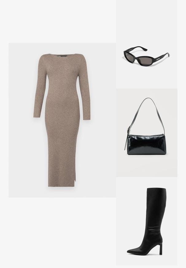 Geribkote tricot jurk in een gedempt taupe kleur, met lange mouwen, een bootnek en een zijsplit voor gemak in beweging.; Even&Odd by Zalando Laarzen - black; Zwarte zonnebril met een rechthoekig frame, donkere lenzen, gladde plastic materiaal en een metalen accent op de poot.; Zwarte rechthoekige schoudertas met een enkele verstelbare band en een bovenste ritssluiting op een effen achtergrond.