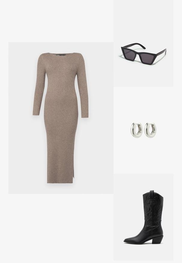 Rippstrickkleid in einem gedeckten Taupe-Ton, mit langen Ärmeln, einem Schiffkragen und einem seitlichen Schlitz für Bewegungsfreiheit.; Schwarze Leder-Cowboy-Stiefel mit spitzem Zeh, geprägten, wirbelnden Mustern und einem mittelhohen Absatz. Mit einem Zuglasche für einfaches An- und Ausziehen.; Schwarze, eckige Sonnenbrille mit grauen Gläsern; aus Kunststoff gefertigt, mit dicken Bügeln, die eine glatte Oberfläche und keine sichtbaren Beschläge haben.; Silberne Creolen mit einem glatten, runden Design und glänzender Oberfläche. Verfügt über einen einfachen Scharnierverschluss für ein leichtes Tragen.