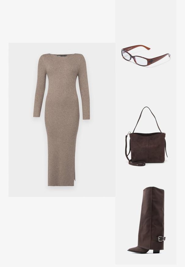 Robe en tricot côtelé dans une couleur taupe douce, avec des manches longues, un col bateau et une fente latérale pour plus de facilité de mouvement.; Bottes marron montant jusqu'aux genoux, en matériau lisse, avec un bout pointu, un talon bas et un accent en boucle métallique sur le côté.; Lunettes rectangulaires teintées de brun avec une finition brillante, dotées de branches fines et de verres transparents. Logo visible sur la branche gauche.; Sac fourre-tout en suède brun avec une texture douce, présentant une seule bandoulière et une ouverture supérieure légèrement courbée. Aucun détail de matériel visible.
