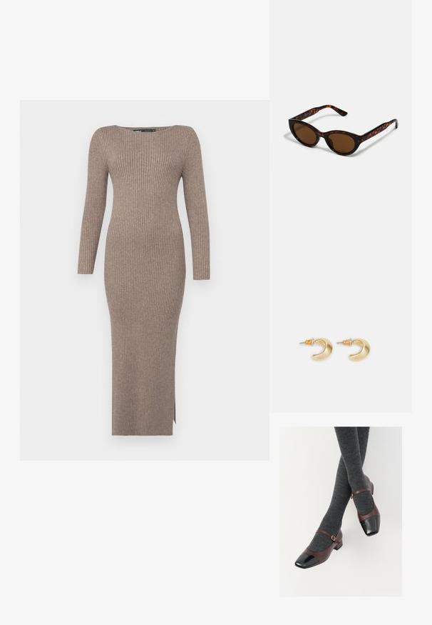 Geribkote tricot jurk in een gedempt taupe kleur, met lange mouwen, een bootnek en een zijsplit voor gemak in beweging.; Bordeaux leren Mary Jane-schoenen met een zwarte laktoecap en dunne enkelband; gedragen met donkergrijze geribde sokken. Lage blokhak.; Bruine schildpad zonnebril met een vintage cat-eye vorm en bruine lenzen. Heeft gebogen armen met rode accenten.; Gouden halvmaanvormige oorbellen met een gladde afwerking, voorzien van oranje accenten bij de stekker en zilveren hardware.