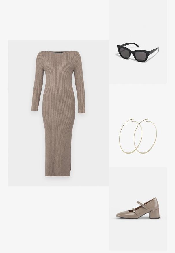 Rippstrickkleid in einem gedeckten Taupe-Ton, mit langen Ärmeln, einem Schiffkragen und einem seitlichen Schlitz für Bewegungsfreiheit.; Beige Lackleder-Mary-Jane-Schuh mit spitzem Zehenbereich, zwei verstellbaren Riemen und einem klobigen, quadratischen Absatz. Glatte Textur und minimale Hardware.; Schwarze Cat-Eye-Sonnenbrille mit matter Oberfläche, grauen getönten Gläsern, scharfen Kanten und schlanken Bügeln. Der Markenname ist auf dem inneren Bügel sichtbar.; Pilgrim Ohrringe - gold-coloured