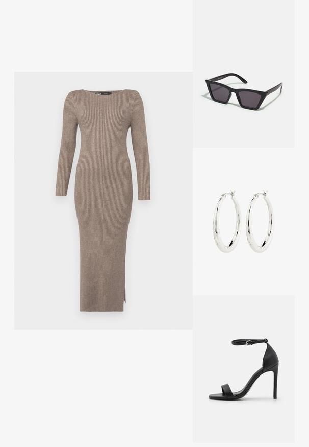 Rippstrickkleid in einem gedeckten Taupe-Ton, mit langen Ärmeln, einem Schiffkragen und einem seitlichen Schlitz für Bewegungsfreiheit.; Schwarze hochhackige Sandale mit elegantem Design, featuring einem Knöchelriemen, offener Zehenpartie und glattem Lederfinish.; Schwarze, eckige Sonnenbrille mit grauen Gläsern; aus Kunststoff gefertigt, mit dicken Bügeln, die eine glatte Oberfläche und keine sichtbaren Beschläge haben.; Silberne Creolen mit einer glatten, glänzenden Oberfläche. Kreisform, ausgestattet mit einem sicheren Verschluss. Einfaches und elegantes Design.