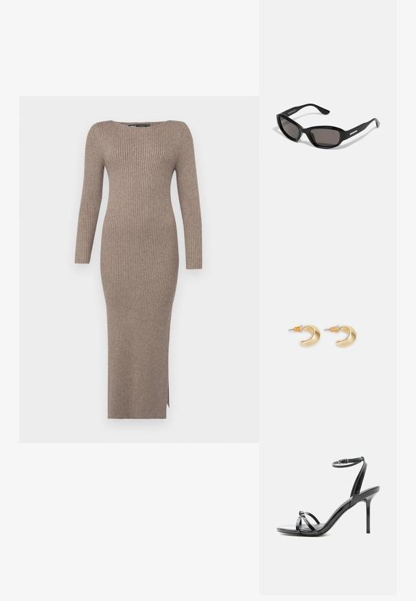 Robe en tricot côtelé dans une couleur taupe douce, avec des manches longues, un col bateau et une fente latérale pour plus de facilité de mouvement.; Sandale à talon haut en cuir verni noir avec de fines lanières croisées sur les orteils et une sangle à boucle à la cheville sur fond blanc.; Lunettes de soleil noires avec une monture rectangulaire, des verres sombres, un matériau plastique lisse et un accent métallique sur la branche.; Boucles d'oreilles en forme de croissant en or avec une finition lisse, présentant des accents orange près du clou et un matériel en argent.