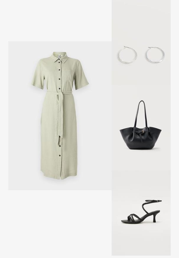 Grøn skjortekjole i linned med korte ærmer, krave, forreste knapper, en brystlomme og et matchende bælte om taljen.; Even&Odd Wide Fit by Zalando Sandaler - black; Sort lædertaske med lange håndtag og en frontrem med en lille gylden spænde, sat mod en ensfarvet baggrund.; Sølvfarvede metaloorringe med glat, let buet overflade og låsemekanisme på en ensfarvet hvid baggrund.