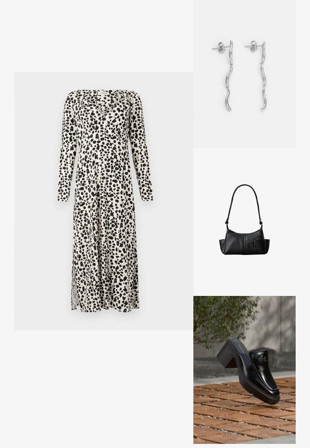 Lang rompert met een crème kleur en een zwart gespikkeld patroon, met lange mouwen, een V-hals en een zijsplit voor gemakkelijke beweging.; Zwarte leren Calvin Klein slip-on mule met blokhak rustend op houten tegels buiten, vlak bij een groene plant en een grijze muur.; Zwarte leren schoudertas met lange band, zijvakjes en een reliëflogo van Calvin Klein aan de voorkant.; Zilveren metalen oorbellen met golvend ontwerp, bestaande uit twee verbonden, verlengde elementen. Gladde textuur en gepolijste afwerking. Draadje met sluiting aan de achterkant.