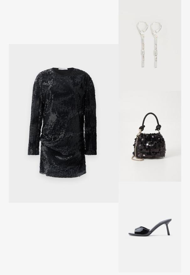 Robe noire à manches longues avec un tissu texturé, superposé présentant un motif ondulé et un col rond. Silhouette ajustée, longueur genou.; Sandales à talons ouverts en cuir verni noir, avec un design supérieur incurvé et un talon aiguille effilé. Finition lisse et brillante.; Mini sac à main en sequins noirs avec une bandoulière texturée nouée et une chaîne argentée. Forme arrondie avec un haut froncé et des détails réfléchissants.; Boucles d'oreilles pendantes en argent avec des cristaux clairs rectangulaires et ronds alignés verticalement, sécurisées par des fermoirs à levier.