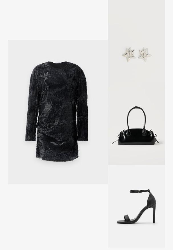 Robe noire à manches longues avec un tissu texturé, superposé présentant un motif ondulé et un col rond. Silhouette ajustée, longueur genou.; Sandale noire à talons hauts au design épuré, avec une bride au niveau de la cheville, un bout ouvert et une texture en cuir lisse.; Petit sac à main noir brillant avec deux longues anses et des détails à cordon sur les côtés sur un fond clair uni.; Boucles d’oreilles créoles en forme d’étoile argentée avec une finition lisse et polie sur un fond blanc uni.