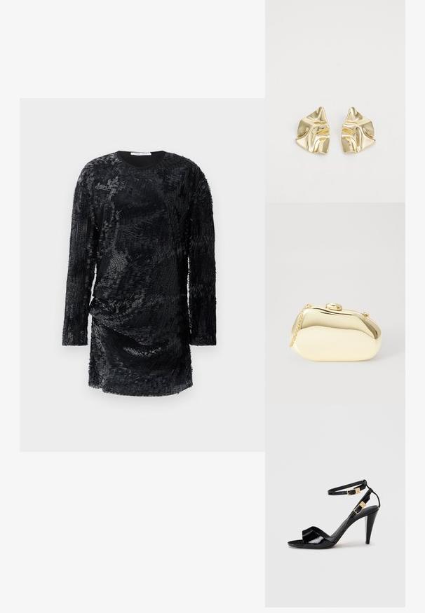 Robe noire à manches longues avec un tissu texturé, superposé présentant un motif ondulé et un col rond. Silhouette ajustée, longueur genou.; Sandale à talon haut en cuir verni noir avec double bride de cheville et boucles dorées, bout ouvert, et talon effilé sur fond neutre.; Pochette métallique dorée avec une forme lisse et arrondie, dotée d'un fermoir à bouton supérieur et d'une petite chaîne pour le transport.; Boucles d'oreilles en métal doré avec un design ondulé ; surface lisse et réfléchissante ; forme asymétrique ; sans motifs ni éléments visibles.