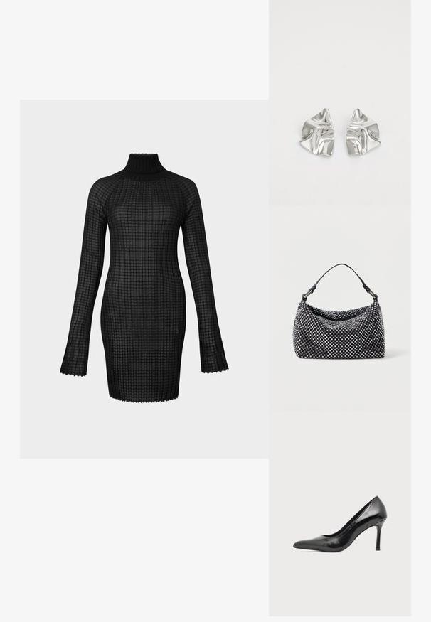 Robe en tricot noir à manches longues, col roulé et motif texturé en grille. Présente des bords festonnés et une silhouette ajustée.; Chaussure à talon haut pour femme en cuir verni noir avec bout pointu et talon fin sur fond clair uni.; Sac noir et argent avec une surface tissée et texturée présentant des motifs carrés, une seule poignée supérieure et un design décontracté.; Boucles d'oreilles en métal argenté avec un design ondulé et sculptural, présentant une finition polie et des formes irrégulières, mettant en valeur une esthétique contemporaine.