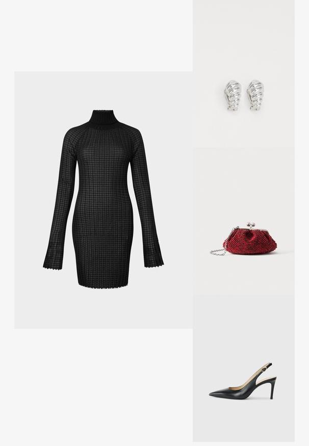 Robe en tricot noir à manches longues, col roulé et motif texturé en grille. Présente des bords festonnés et une silhouette ajustée.; Escarpins en cuir noir avec une pointe fine, une bride ajustable et un talon aiguille élégant, présentant une finition lisse.; Petit sac pochette rouge orné de perles, avec fermoir argenté et chaîne sur un fond blanc uni.; Boucles d'oreilles en clip argentées avec un design en spirale, présentant une texture métallique lisse et des formes arrondies. Pas d'embellissements ou de motifs visibles.
