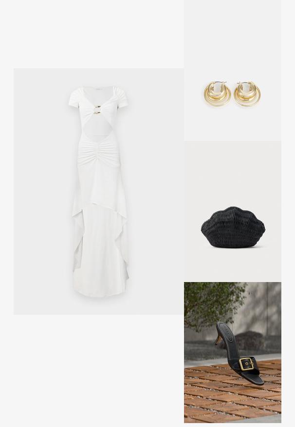 Vestido maxi blanco con mangas cortas, que presenta detalles fruncidos, cintura con corte, herrajes dorados y un diseño de falda en capas.; Mule de cuero negro de tacón alto con hebilla dorada flotando sobre un suelo de baldosas de madera, fondo exterior con arbusto verde y muro de piedra.; Bolso de mimbre negro con forma de concha de vieira con parte superior curva y textura tejida sobre un fondo liso.; Pendientes de aro en tono dorado con diseños circulares en capas; superficie pulida; herrajes de bisagra cerrada para un ajuste seguro.