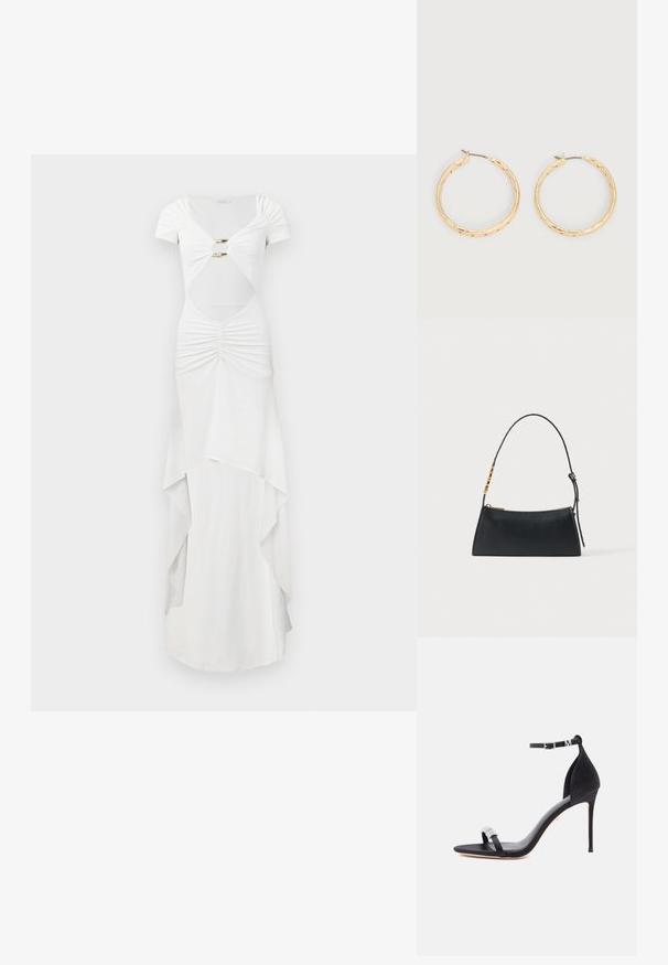 Witte maxi-jurk met korte mouwen, voorzien van gerimpelde details, een uitgesneden taille, gouden accenthardware en een gelaagde rokdesign.; Zwarte satijnen sandaal met hoge hak, een slank bandje, een enkelsluiting met gesp en een decoratieve strassaccent op het voorbandje.; Zwarte leren handtas met een gouden ritssluiting en verstelbare band met gouden rechthoekige details op een witte achtergrond.; Een paar oorbellen met gouden textuur in de vorm van ringen met dunne pennen, op een witte achtergrond.
