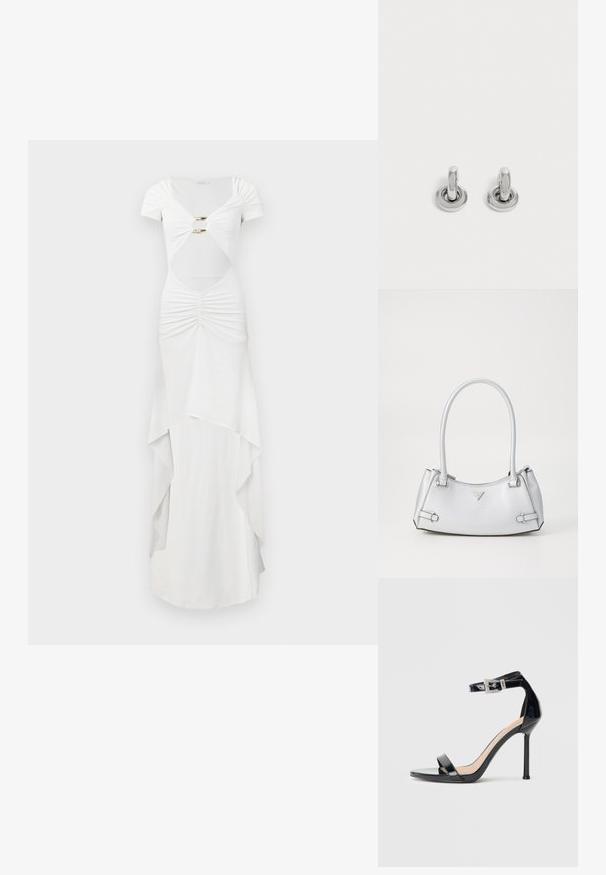Vestido maxi blanco con mangas cortas, que presenta detalles fruncidos, cintura con corte, herrajes dorados y un diseño de falda en capas.; Sandalia de tacón alto en piel sintética negra con correa en el tobillo. Presenta un diseño minimalista, punta abierta y una hebilla con detalles de pedrería.; Bolso de mano plateado con un diseño estructurado, que cuenta con dos asas, textura brillante, herrajes de acento y un logo triangular en la parte frontal.; Par de pequeños pendientes de aro plateados brillantes con base redonda, exhibidos sobre un fondo claro y liso.