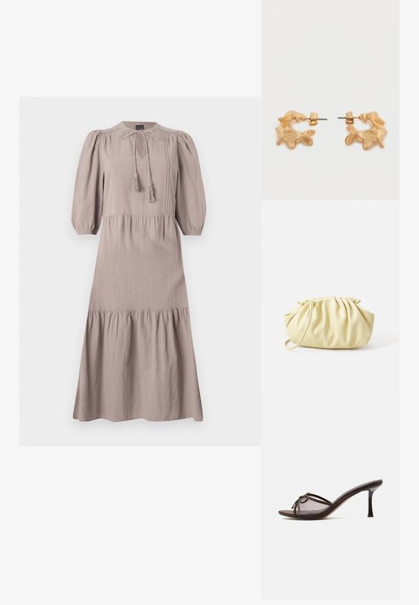Maxi-mekko pehmeästä taupe-kankaasta, jossa on pyöreä pääntie, pleatatut yksityiskohdat, puffihihat ja kerroksellinen hame. Varustettu nyörillä ja tupsuilla.; Ruskea avonainen mules-kenkä, jossa keskipitkä piikkikorko, läpikuultava verkkopäällinen ja pieni rusetti päällä.; Keltainen pleidattu käsilaukku, joka on valmistettu sileästä keinonahasta. Laukussa on pehmeä muoto, yksittäinen olkahihna ja rypytetty yläosa.; Kultasävyiset korvakorut, joissa on abstrakti, orgaaninen muoto ja teksturoitu pinta sekä takakiinnityksellä varustettu lukko.