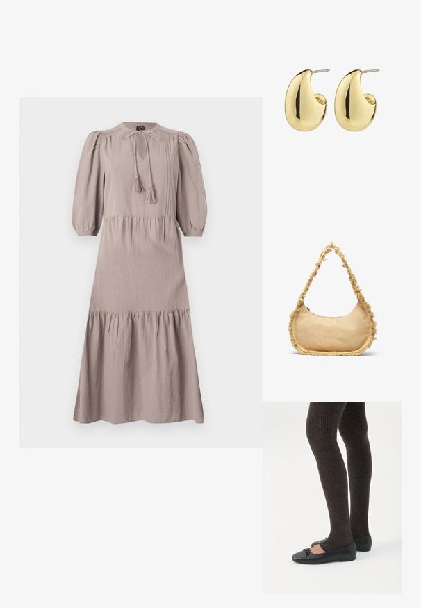 Maxi-mekko pehmeästä taupe-kankaasta, jossa on pyöreä pääntie, pleatatut yksityiskohdat, puffihihat ja kerroksellinen hame. Varustettu nyörillä ja tupsuilla.; Jalat, joissa tummat ribbineuleiset leggingsit yhdistettynä mustiin balettitossuihin, joissa on pienet rusettikoristeet valkoisella taustalla.; Beige laukku, jossa on pyöreä muoto, repsottavat reunat ja lyhyt kantokahva. Vetoketjullinen avaus ylhäällä.; Kultakuosiset nappikorvakorut, joissa on sileä ja kiillotettu pinta, esittävät abstraktia, pisaramuotoista muotoilua. Yksinkertainen metallinen tankokiinnitys.
