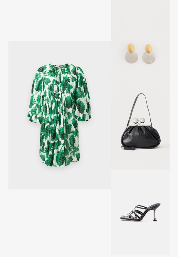 Groene bloemenjurk met pofmouwen, voorzien van een geplooide halslijn en textuurstof, versierd met donker en lichtgroene bladeren op een witte achtergrond.; Zwarte sandaal met hoge hak en bandjes, met een vierkante neus en een dunne naaldhak, voorzien van overlappende bandjes en een knoopdetail op het bovenwerk.; Zwarte leren handtas met een geplooid ontwerp, een enkele schouderband, zilverkleurige metalen omlijsting en twee grote ronde zilveren sluitingen.; Gouden en zilveren metalen oorbellen met een ronde schijfbasis en een ovale bovenstuk, gladde textuur en gepolijste afwerking.