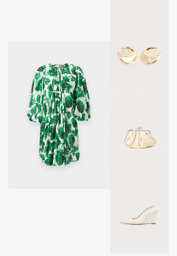 Groene bloemenjurk met pofmouwen, voorzien van een geplooide halslijn en textuurstof, versierd met donker en lichtgroene bladeren op een witte achtergrond.; Witte lakleren slingback sleehakschoen met puntige neus en verstelbare gesp op effen achtergrond.; Geplooide beige leren clutch met een zilveren metalen frame, voorzien van twee ronde decoratieve sluitingen en een zilveren kettingriem.; Een paar glanzende gouden halvemaanvormige studs met transparante plastic achterkanten op een lichtgrijze ondergrond.