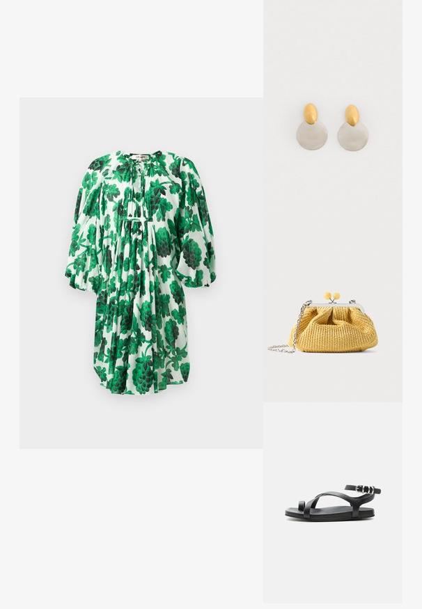Groene bloemenjurk met pofmouwen, voorzien van een geplooide halslijn en textuurstof, versierd met donker en lichtgroene bladeren op een witte achtergrond.; Zwarte platte sandaal met dunne teenlus, gekruiste bandjes en verstelbare enkelband met zilveren gesp, afgebeeld tegen een effen achtergrond.; Kleine gele geweven handtas met een zilveren frame, twee gele bolklinken en een zilveren kettinghengsel op witte achtergrond.; Gouden en zilveren metalen oorbellen met een ronde schijfbasis en een ovale bovenstuk, gladde textuur en gepolijste afwerking.